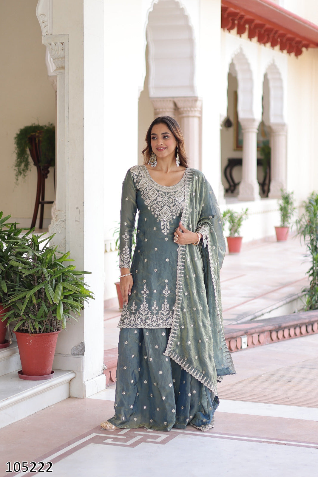 Premium Designer Fendi Silk Kurti Sharara with Dupatta – Coding Sequins Embroidered