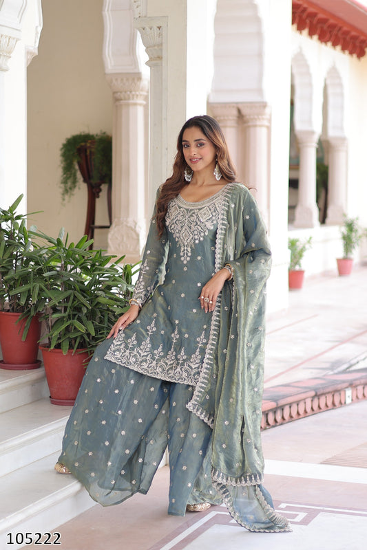 Premium Designer Fendi Silk Kurti Sharara with Dupatta – Coding Sequins Embroidered