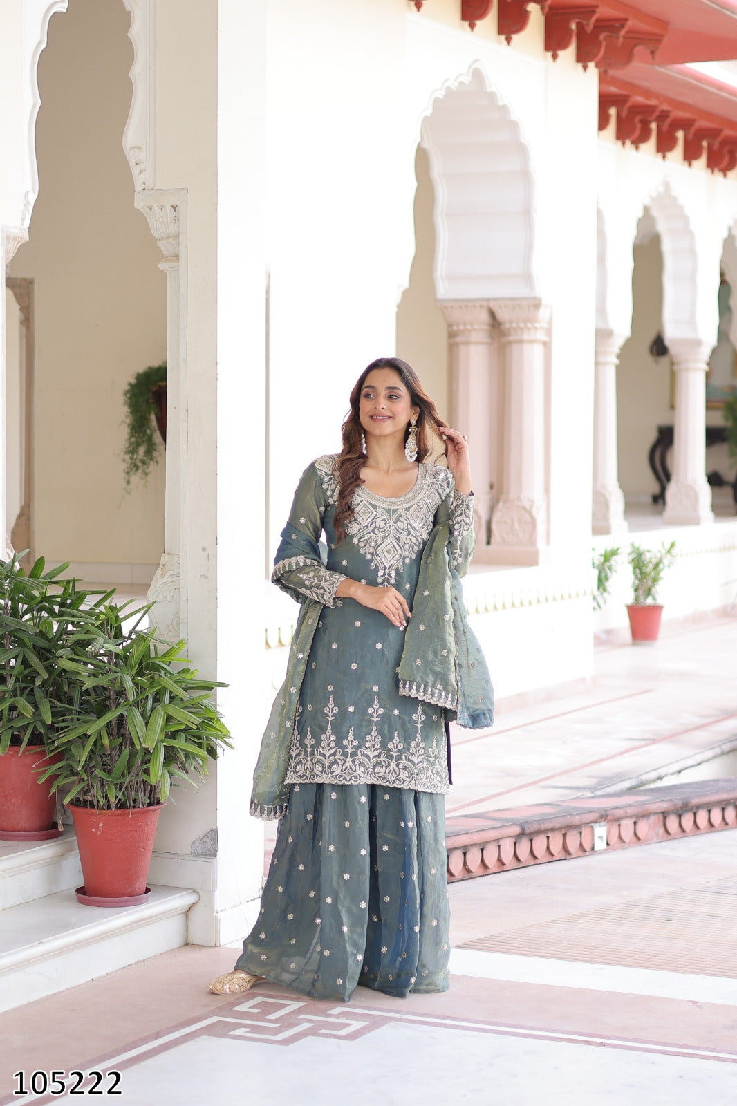 Premium Designer Fendi Silk Kurti Sharara with Dupatta – Coding Sequins Embroidered