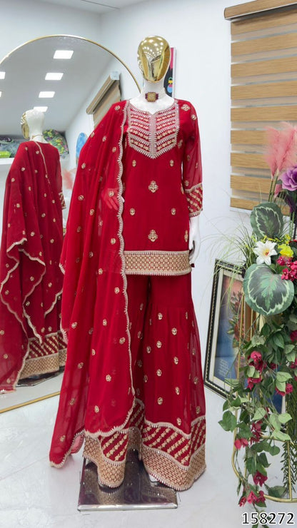 NEW DESIGNER PARTY WEAR TOP–PALAZZO–DUPATTA SET