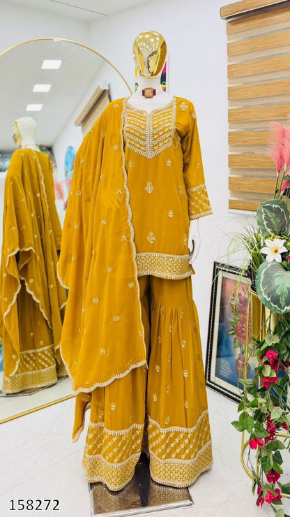 NEW DESIGNER PARTY WEAR TOP–PALAZZO–DUPATTA SET