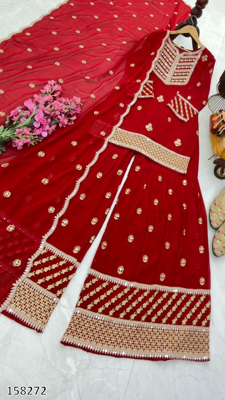 NEW DESIGNER PARTY WEAR TOP–PALAZZO–DUPATTA SET
