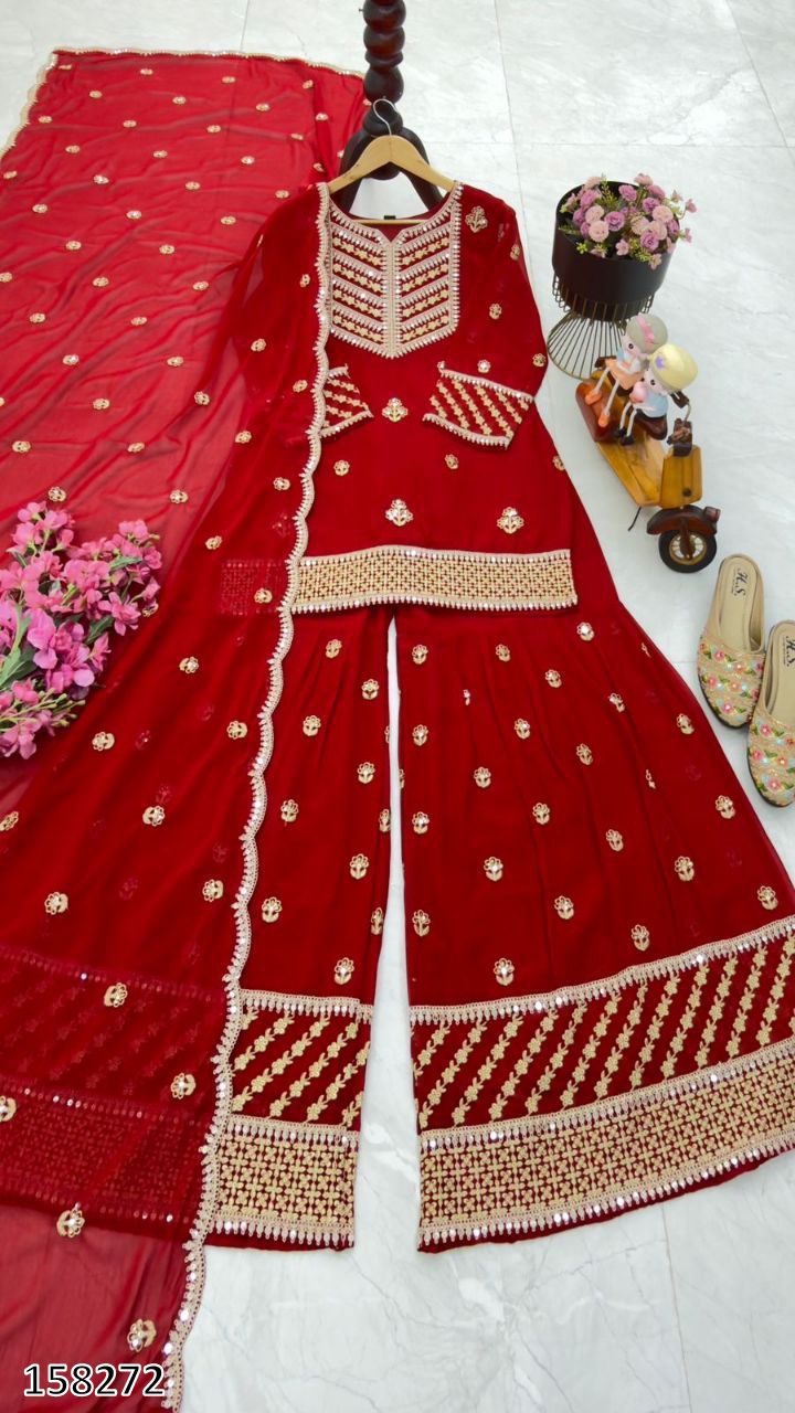NEW DESIGNER PARTY WEAR TOP–PALAZZO–DUPATTA SET