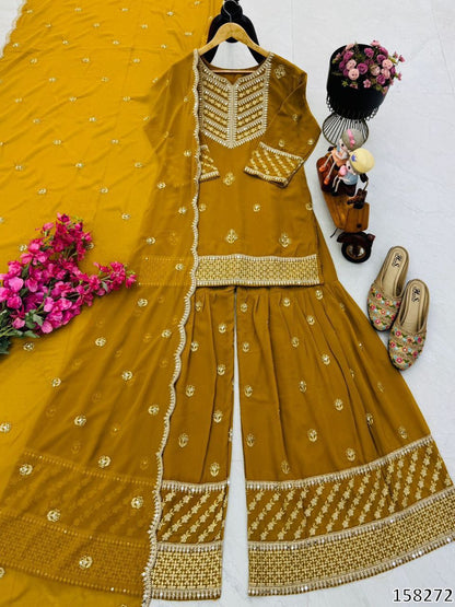 NEW DESIGNER PARTY WEAR TOP–PALAZZO–DUPATTA SET