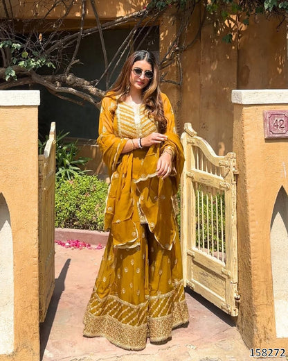 NEW DESIGNER PARTY WEAR TOP–PALAZZO–DUPATTA SET