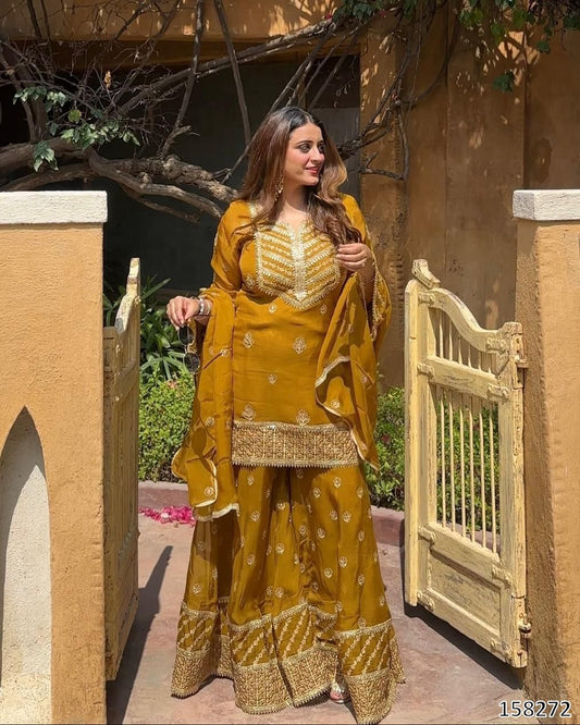 NEW DESIGNER PARTY WEAR TOP–PALAZZO–DUPATTA SET
