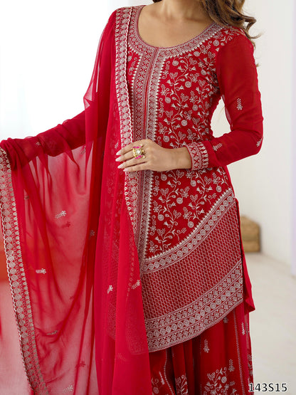 Designer Faux Georgette Top–Plazo Set with Embroidered Dupatta