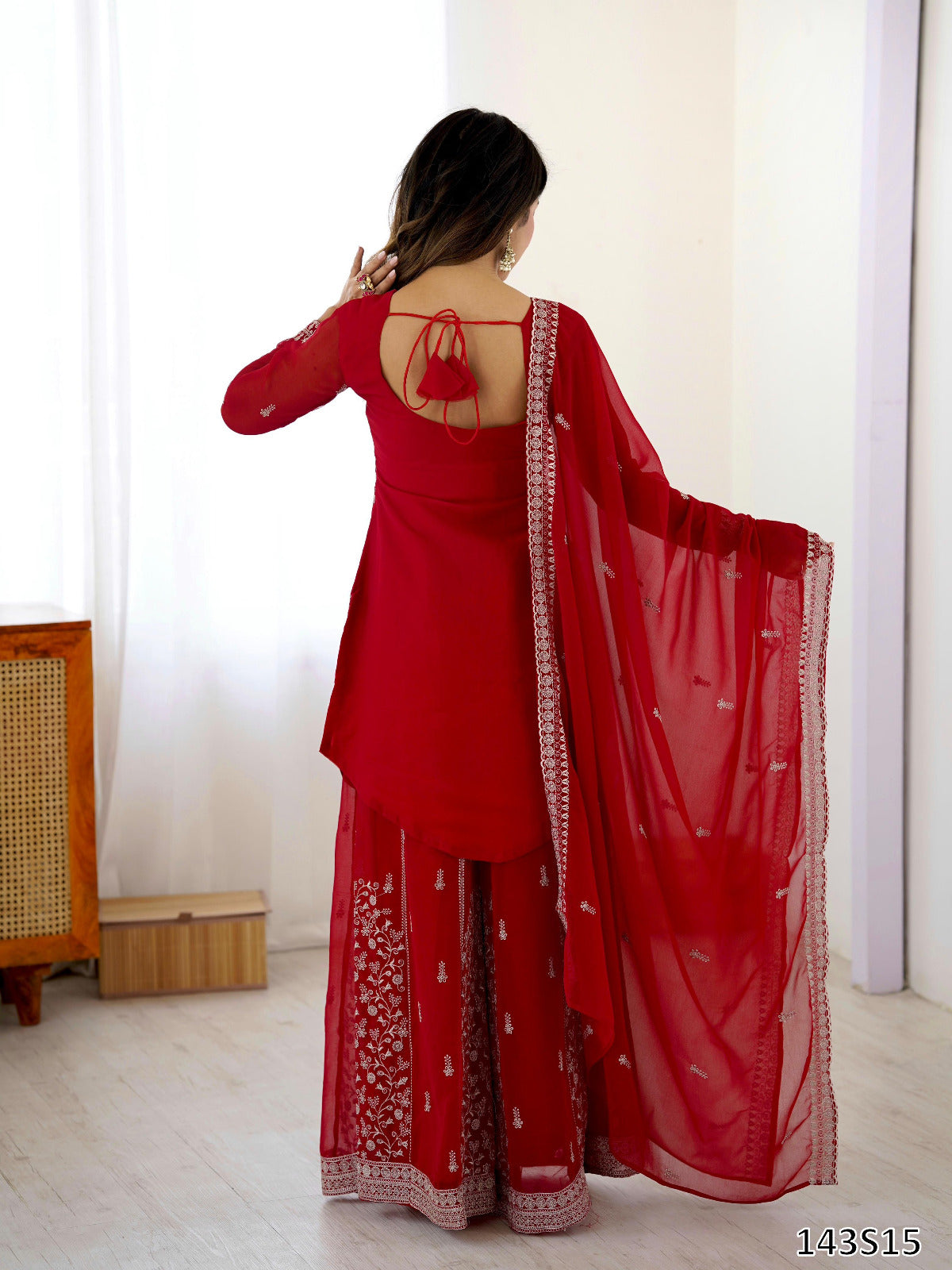 Designer Faux Georgette Top–Plazo Set with Embroidered Dupatta