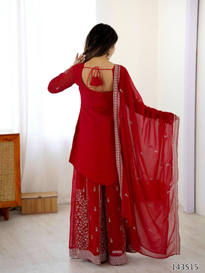 Designer Faux Georgette Top–Plazo Set with Embroidered Dupatta