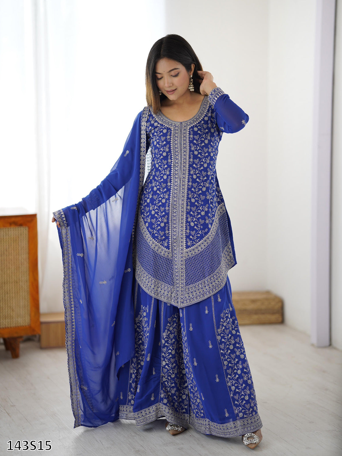 Designer Faux Georgette Top–Plazo Set with Embroidered Dupatta