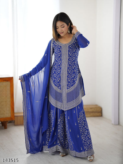 Designer Faux Georgette Top–Plazo Set with Embroidered Dupatta