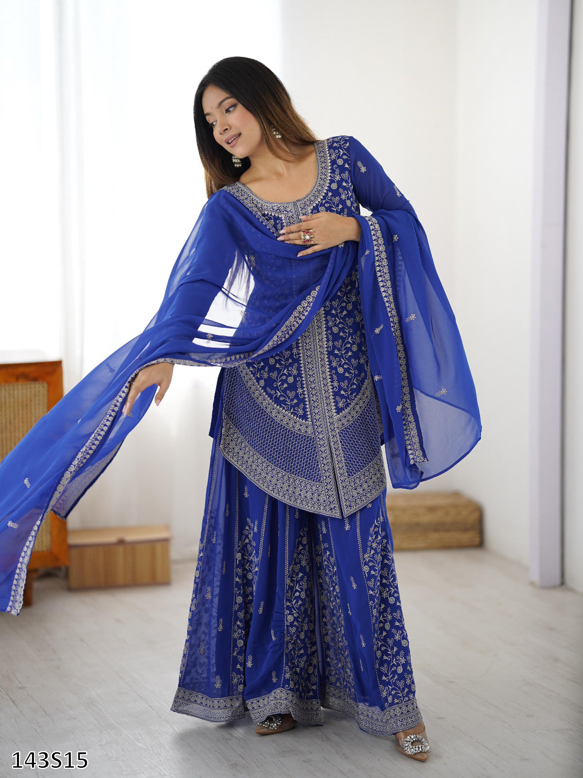Designer Faux Georgette Top–Plazo Set with Embroidered Dupatta