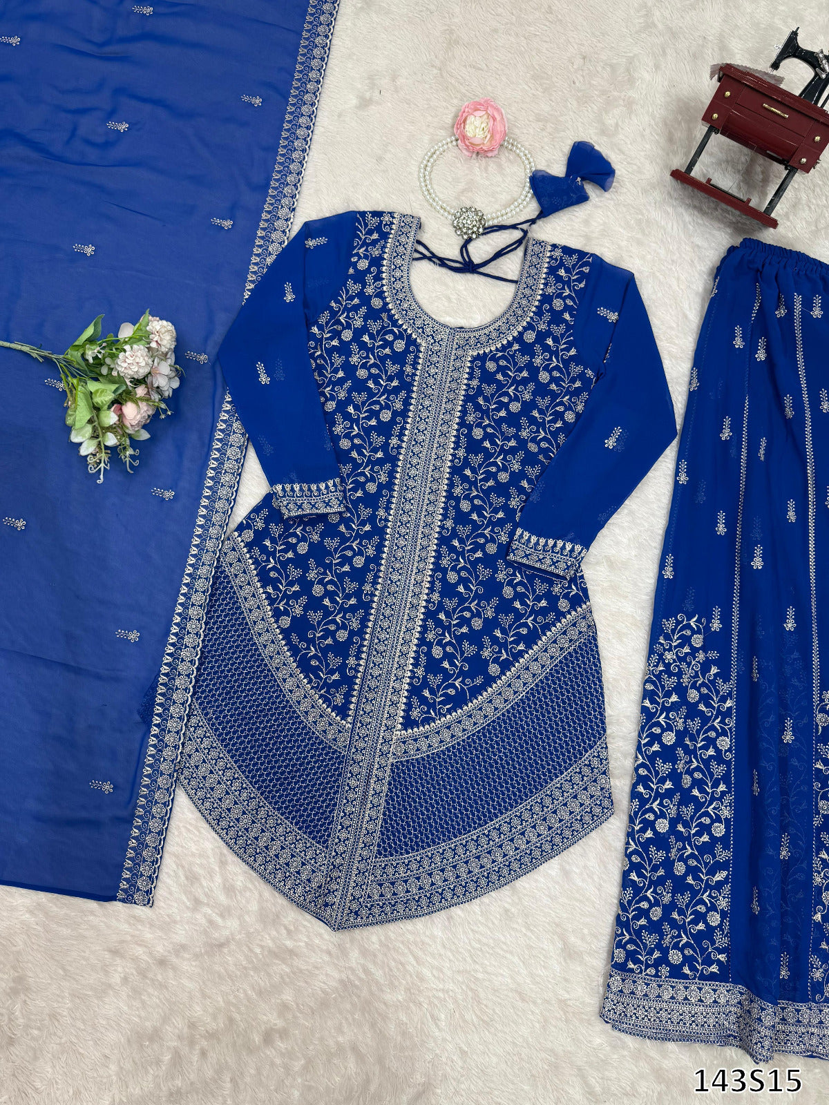 Designer Faux Georgette Top–Plazo Set with Embroidered Dupatta