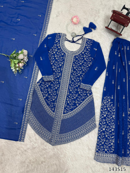 Designer Faux Georgette Top–Plazo Set with Embroidered Dupatta