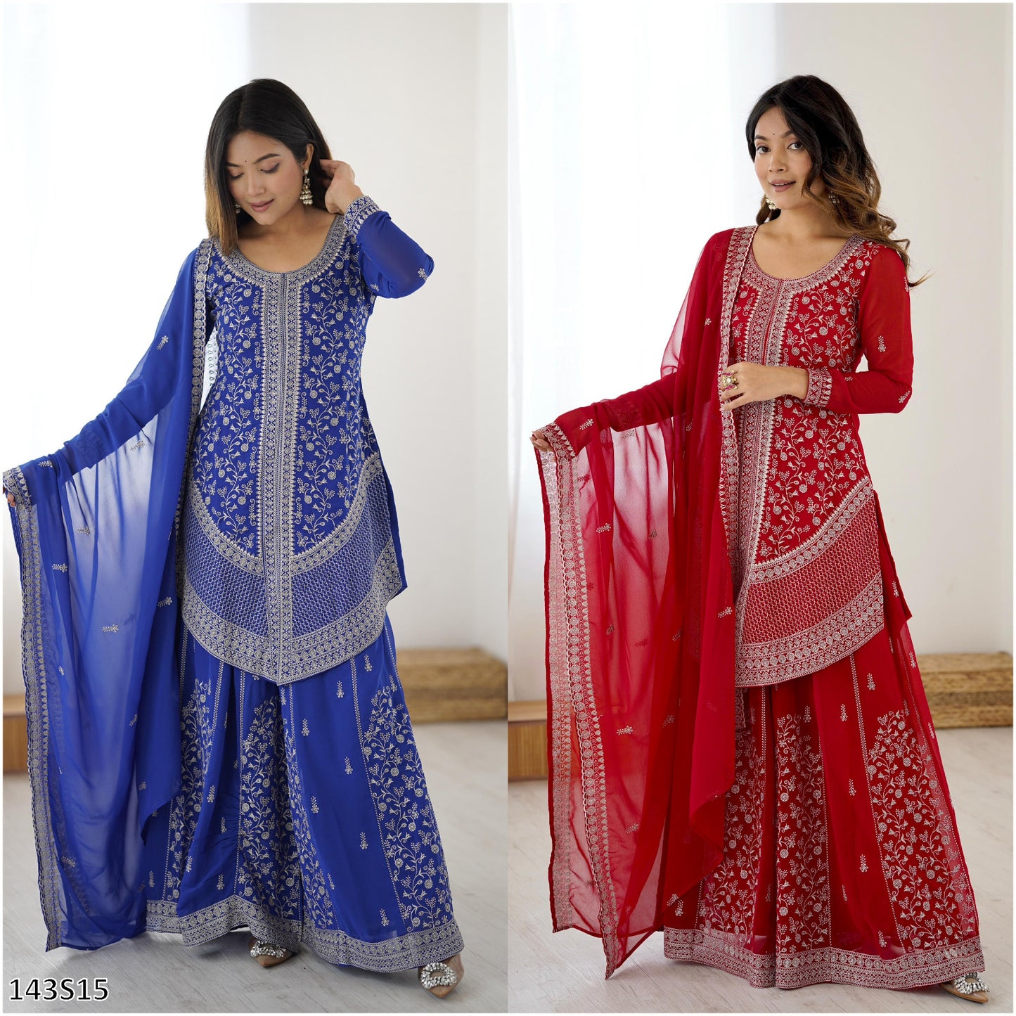 Designer Faux Georgette Top–Plazo Set with Embroidered Dupatta