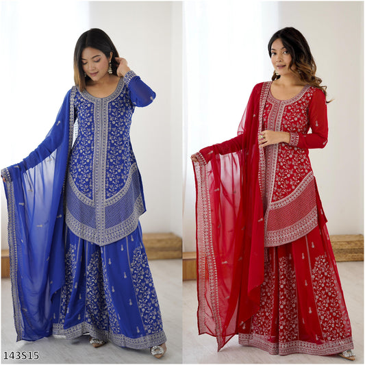 Designer Faux Georgette Top–Plazo Set with Embroidered Dupatta