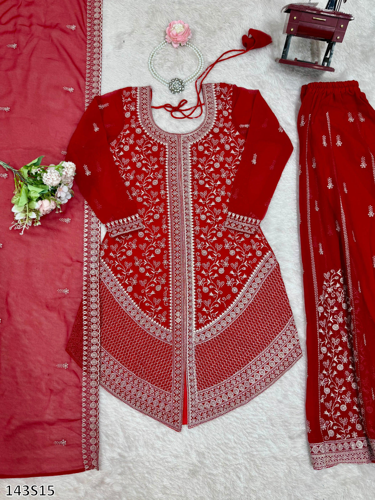 Designer Faux Georgette Top–Plazo Set with Embroidered Dupatta