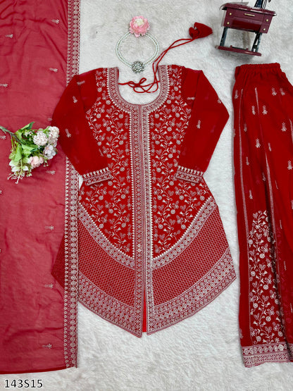 Designer Faux Georgette Top–Plazo Set with Embroidered Dupatta