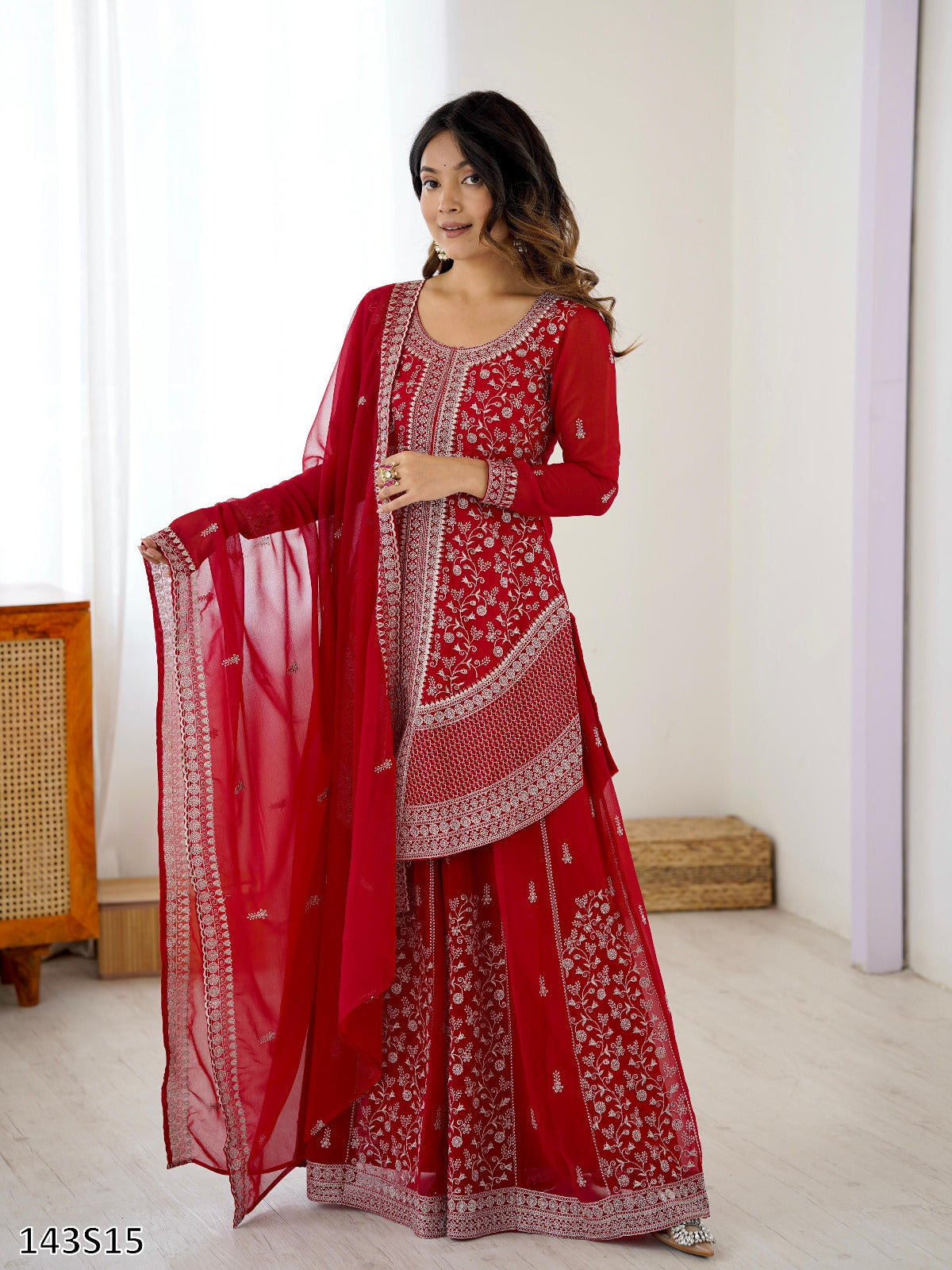 Designer Faux Georgette Top–Plazo Set with Embroidered Dupatta