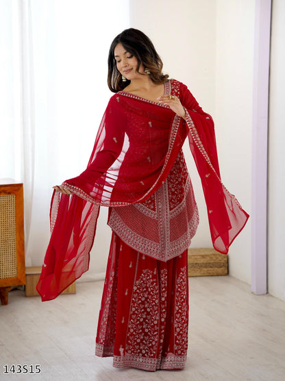 Designer Faux Georgette Top–Plazo Set with Embroidered Dupatta