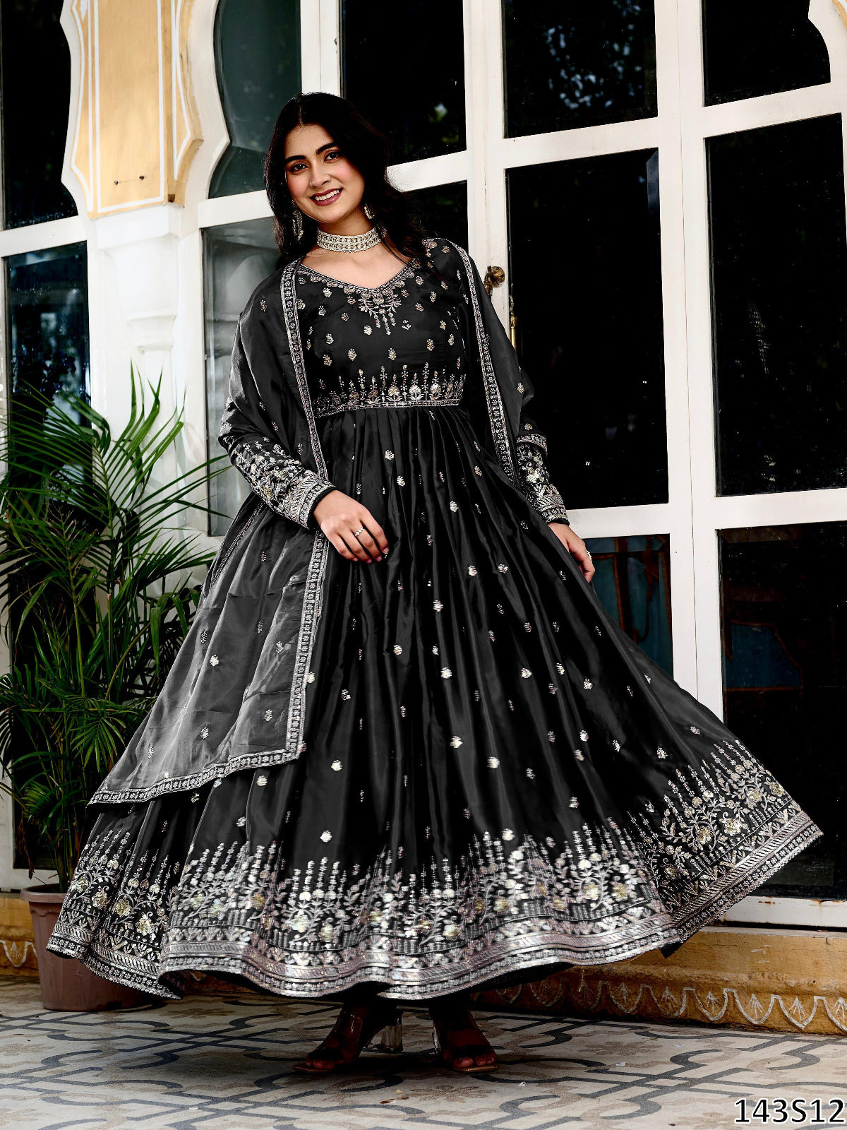 American Silk Fabric Designer Gown Pant Dupatta Set