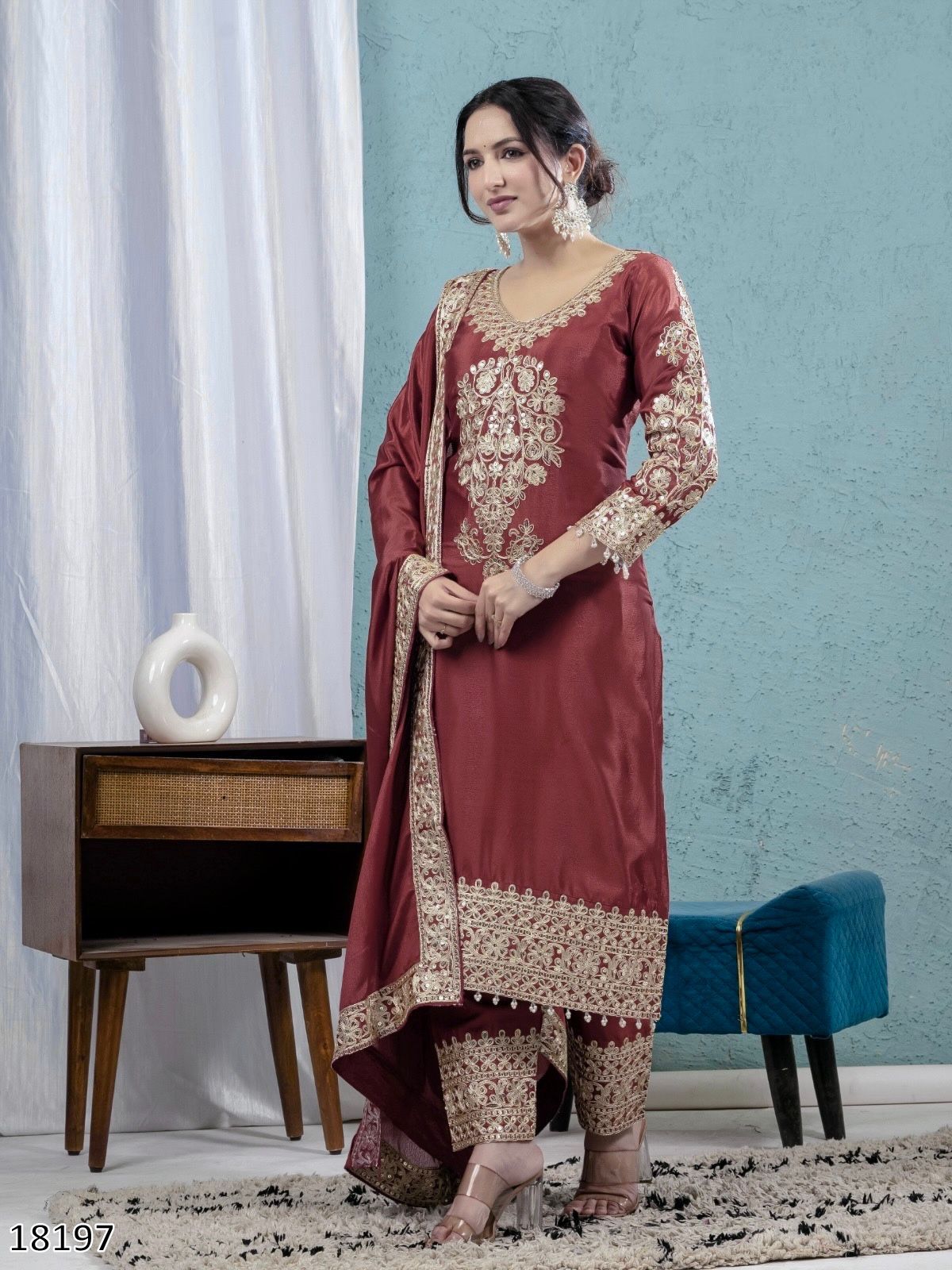 Premium Designer Chinnon Silk Top–Pant–Dupatta Set