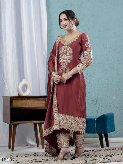 Premium Designer Chinnon Silk Top–Pant–Dupatta Set