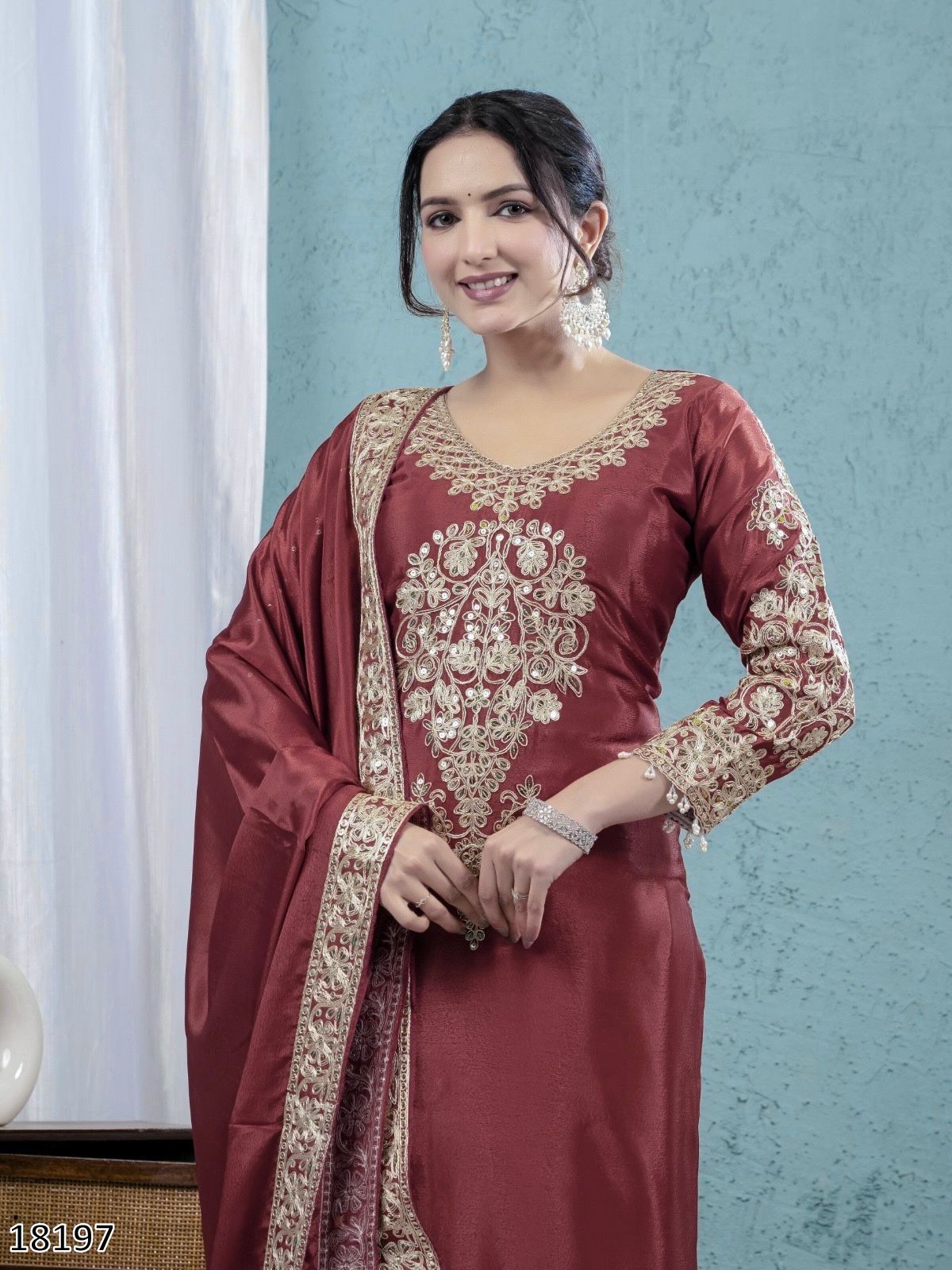 Premium Designer Chinnon Silk Top–Pant–Dupatta Set