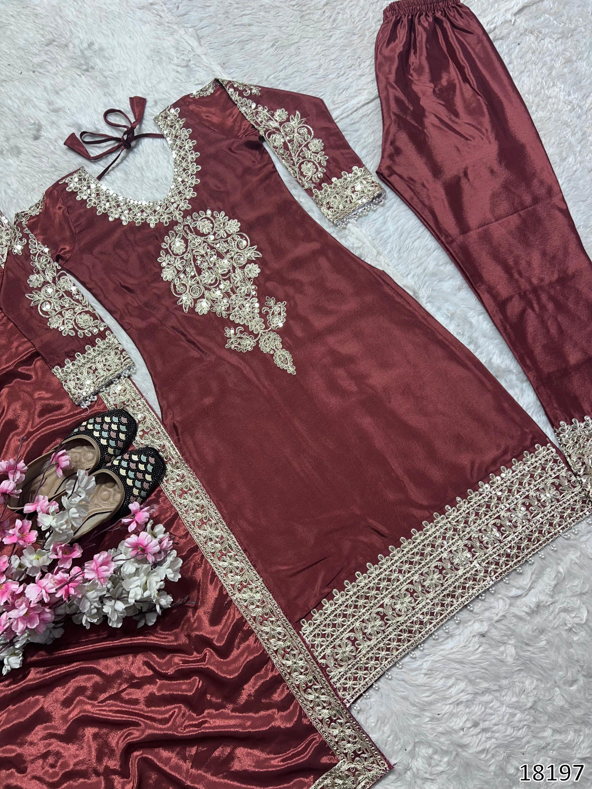 Premium Designer Chinnon Silk Top–Pant–Dupatta Set