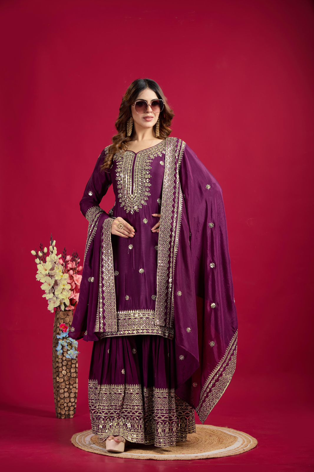 Chinnon Silk Sharara Suit Set – Embroidered Top, Plazo & Dupatta