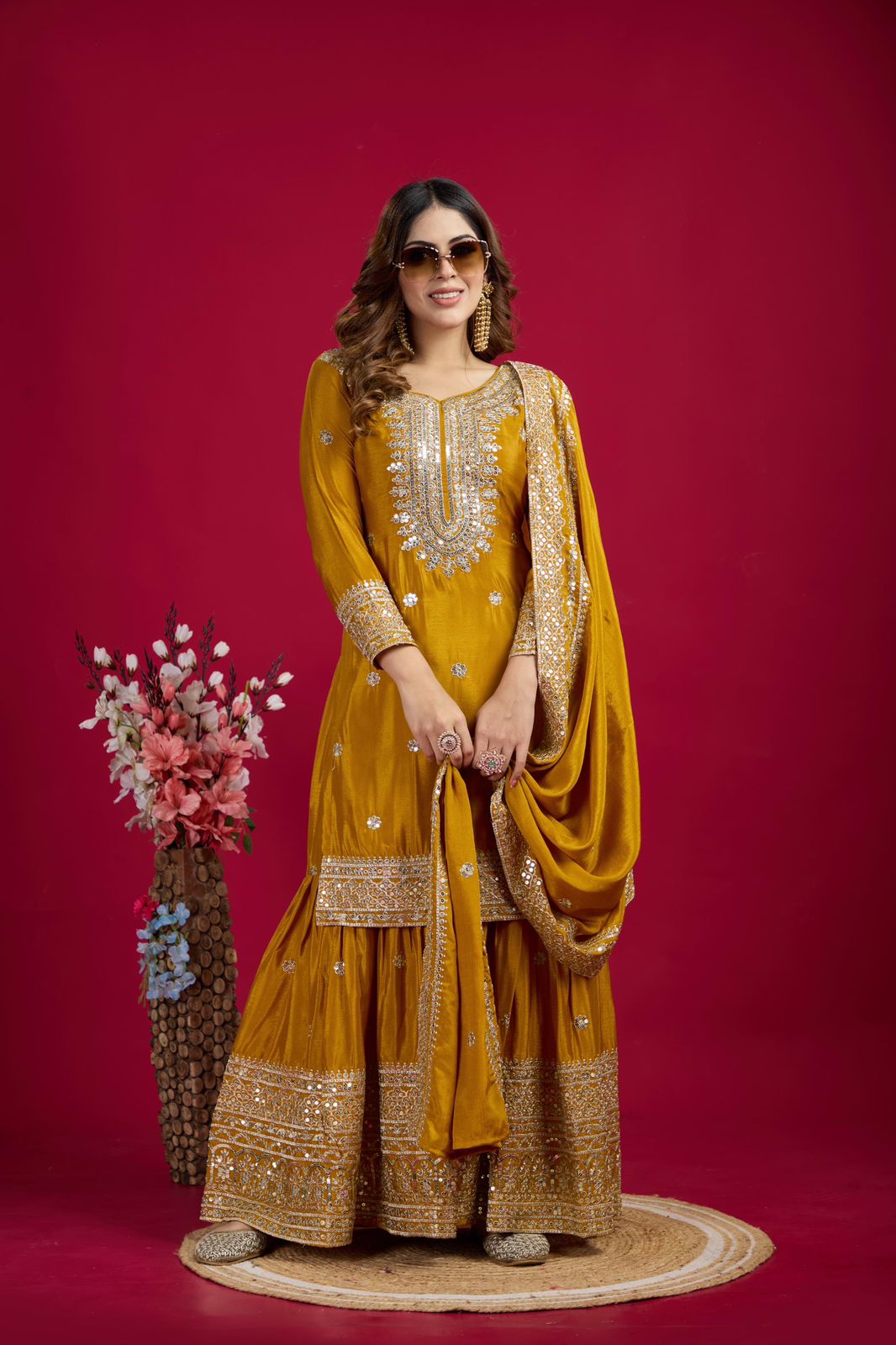 Chinnon Silk Sharara Suit Set – Embroidered Top, Plazo & Dupatta