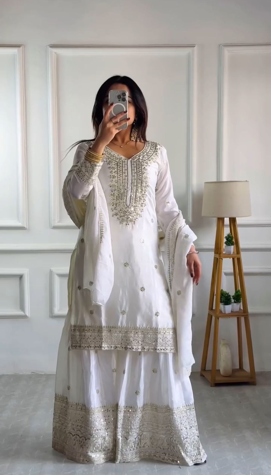 Chinnon Silk Sharara Suit Set – Embroidered Top, Plazo & Dupatta
