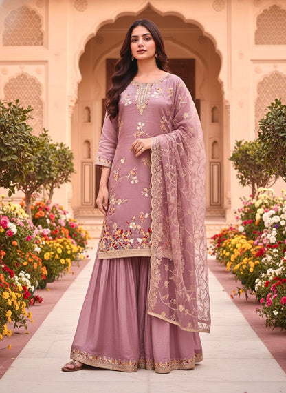 Pure GMY Silk Designer Top Plazzo & Dupatta Set with Heavy Embroidery | Premium Party Wear Ethnic Outfit