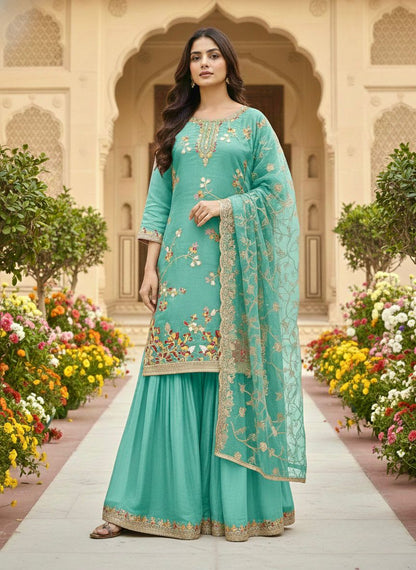 Pure GMY Silk Designer Top Plazzo & Dupatta Set with Heavy Embroidery | Premium Party Wear Ethnic Outfit