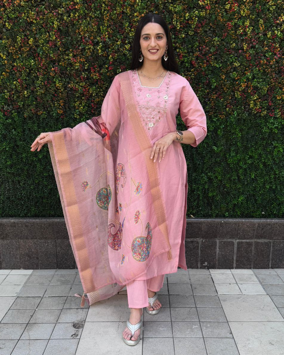 Light Pink Roman Silk Kurti Set – Handwork Kurti, Pant & Chanderi Dupatta