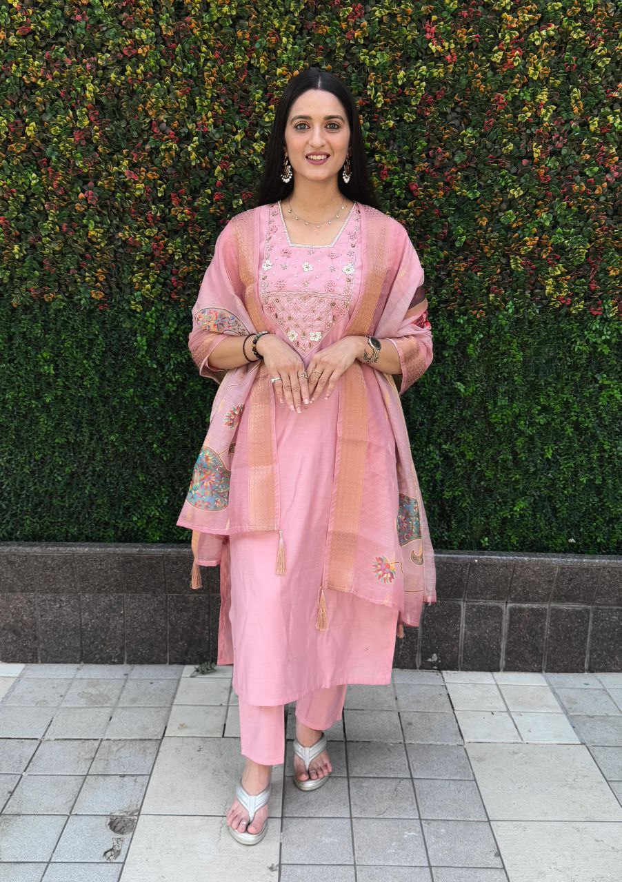 Light Pink Roman Silk Kurti Set – Handwork Kurti, Pant & Chanderi Dupatta