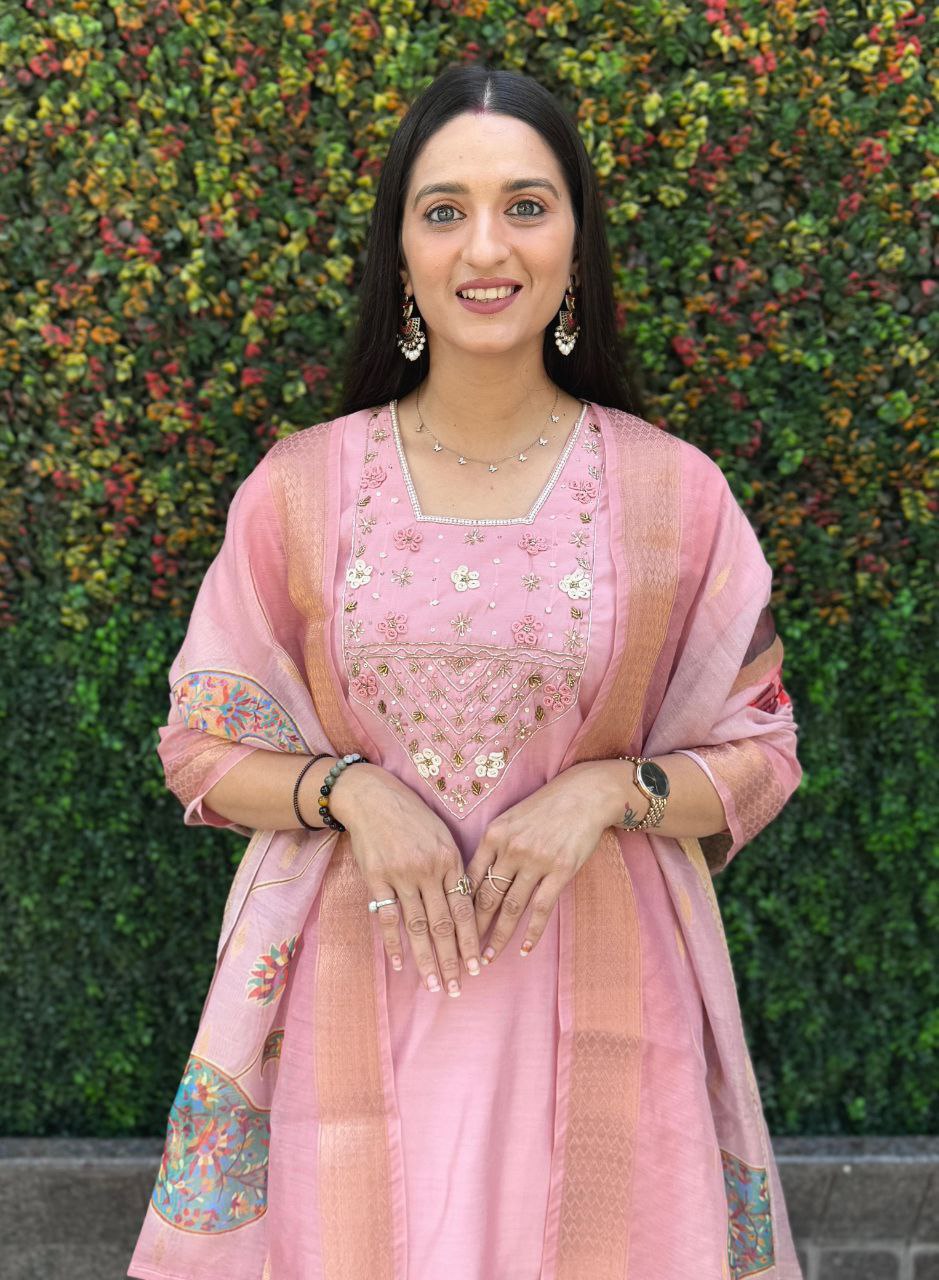 Light Pink Roman Silk Kurti Set – Handwork Kurti, Pant & Chanderi Dupatta