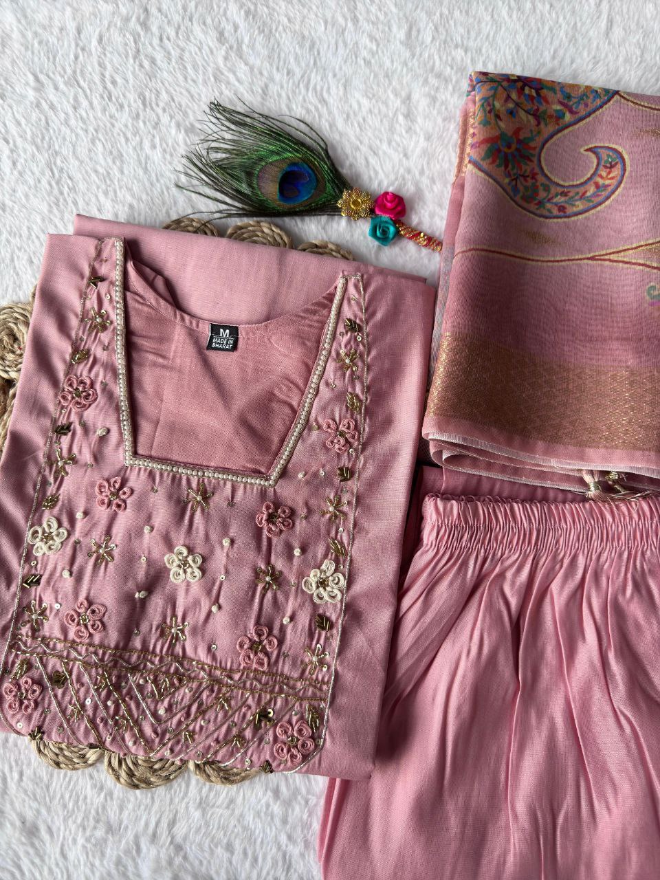 Light Pink Roman Silk Kurti Set – Handwork Kurti, Pant & Chanderi Dupatta