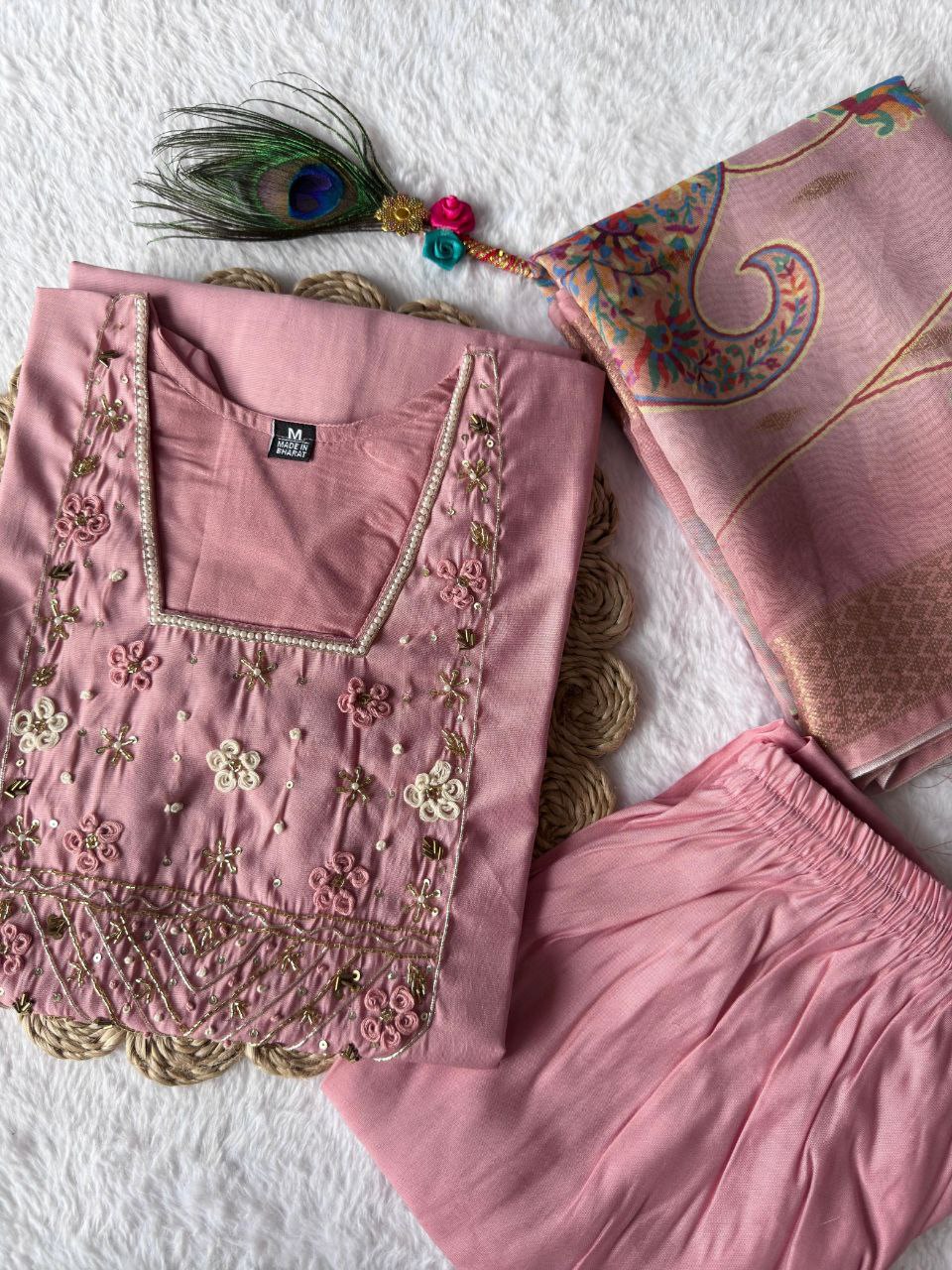 Light Pink Roman Silk Kurti Set – Handwork Kurti, Pant & Chanderi Dupatta