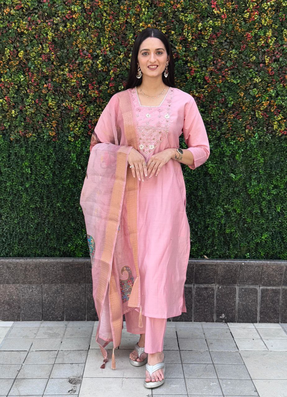 Light Pink Roman Silk Kurti Set – Handwork Kurti, Pant & Chanderi Dupatta