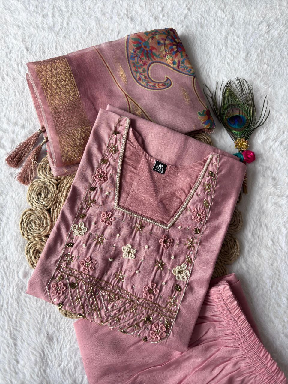 Light Pink Roman Silk Kurti Set – Handwork Kurti, Pant & Chanderi Dupatta