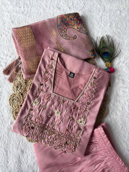 Light Pink Roman Silk Kurti Set – Handwork Kurti, Pant & Chanderi Dupatta