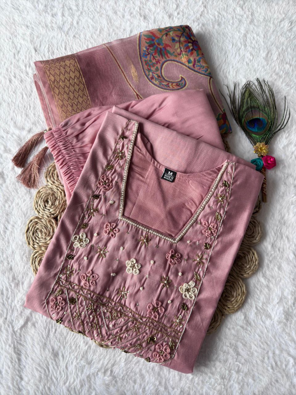 Light Pink Roman Silk Kurti Set – Handwork Kurti, Pant & Chanderi Dupatta