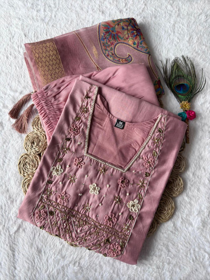 Light Pink Roman Silk Kurti Set – Handwork Kurti, Pant & Chanderi Dupatta