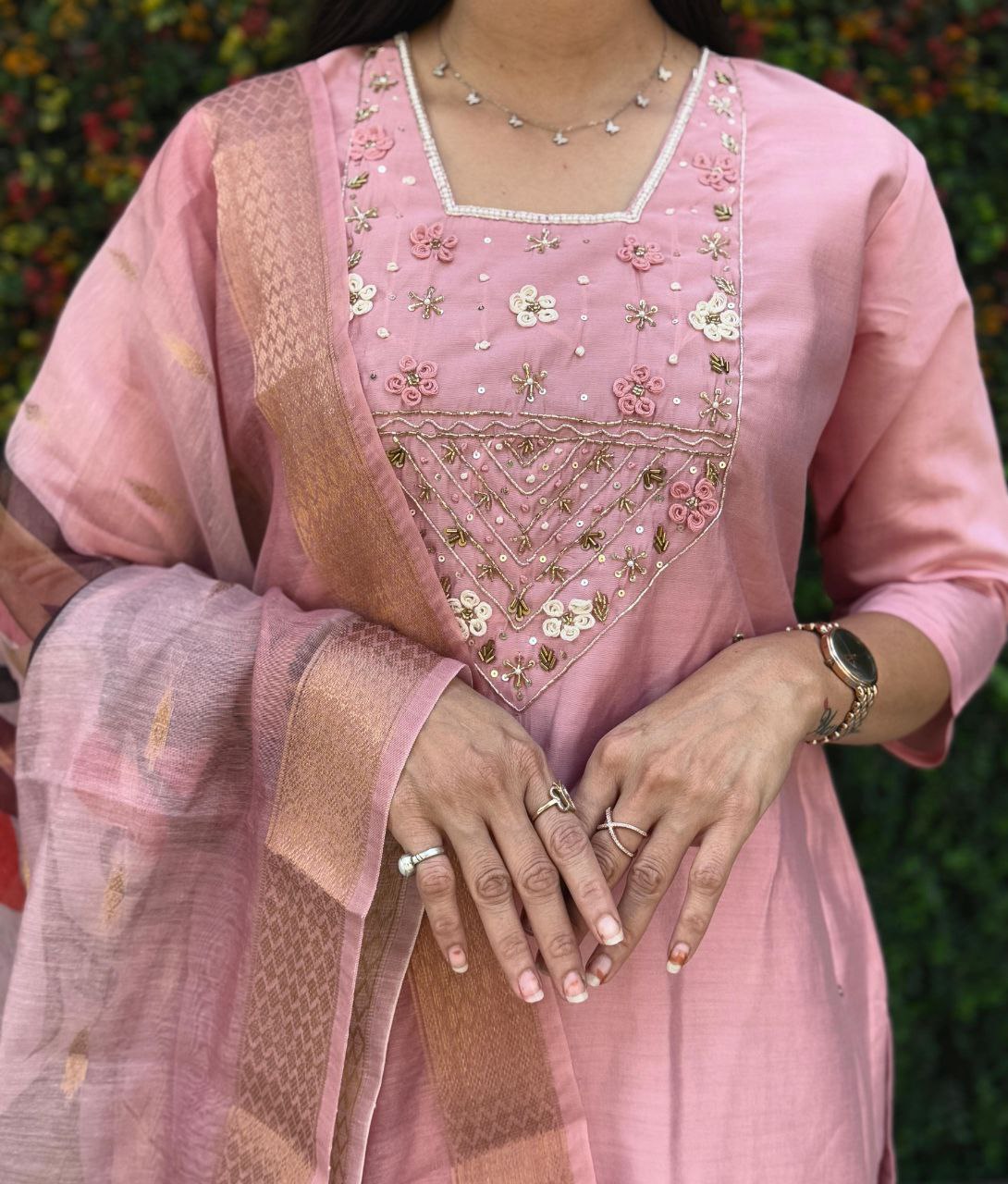 Light Pink Roman Silk Kurti Set – Handwork Kurti, Pant & Chanderi Dupatta
