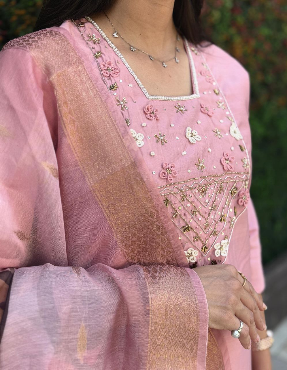 Light Pink Roman Silk Kurti Set – Handwork Kurti, Pant & Chanderi Dupatta