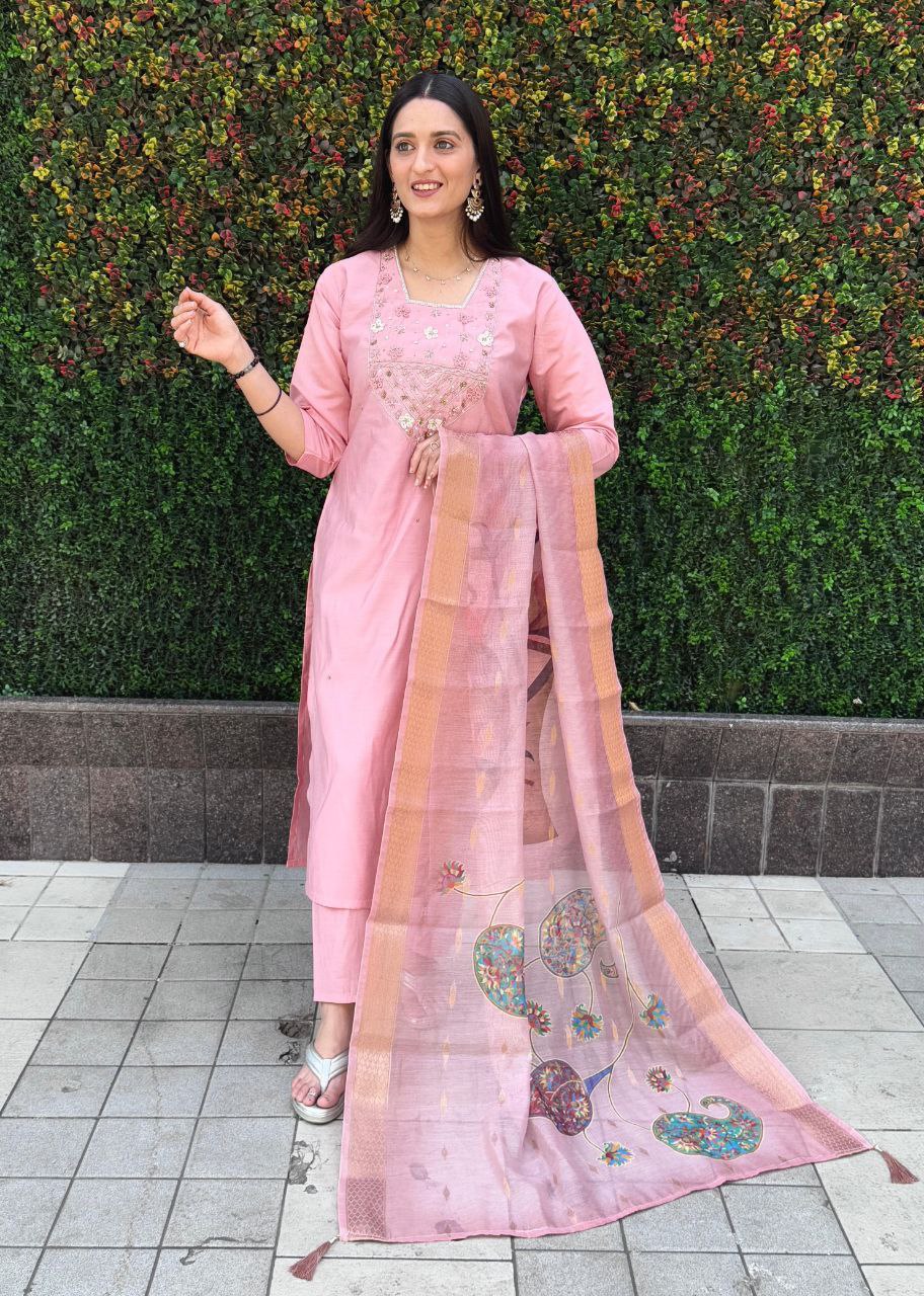 Light Pink Roman Silk Kurti Set – Handwork Kurti, Pant & Chanderi Dupatta
