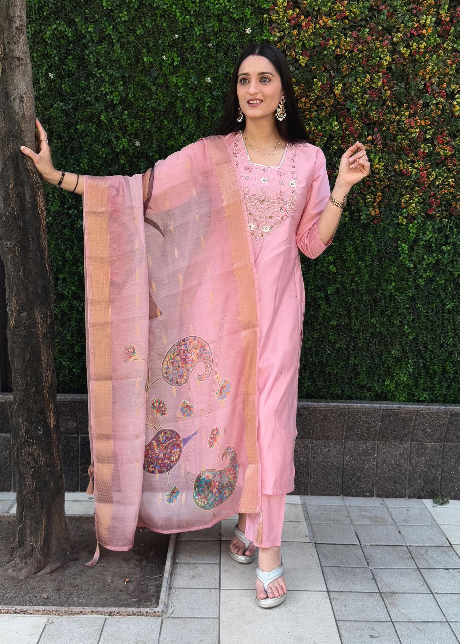 Light Pink Roman Silk Kurti Set – Handwork Kurti, Pant & Chanderi Dupatta