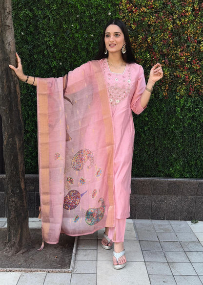 Light Pink Roman Silk Kurti Set – Handwork Kurti, Pant & Chanderi Dupatta