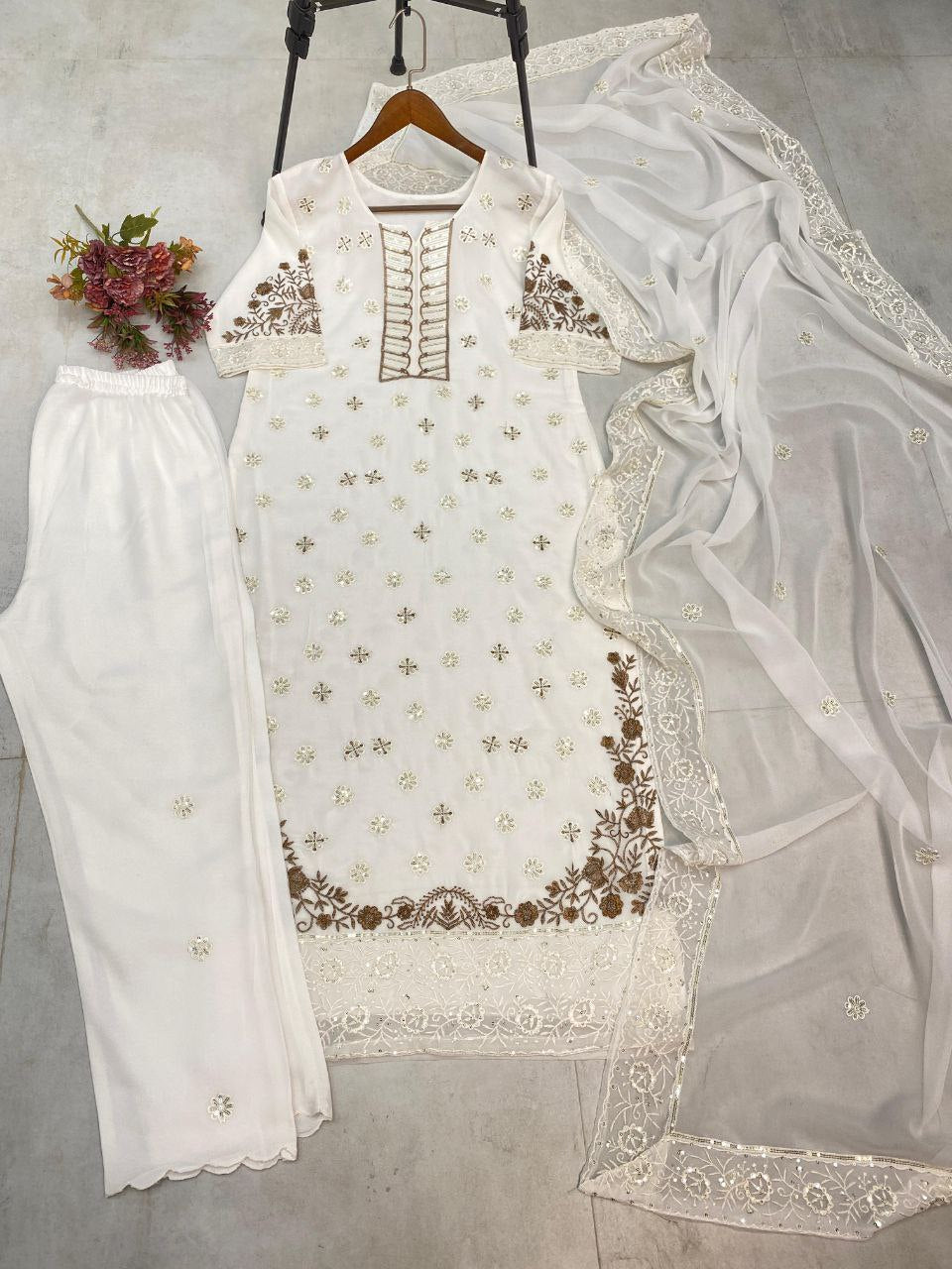 Designer Georgette Embroidered Suit – Sequins Work Top, Pant & Dupatta